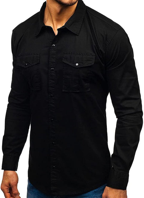 Mens Long Sleeve Snap Shirt - Casual Button Bown Tops Cargo Shirts Solid Work Western Dress Shirt