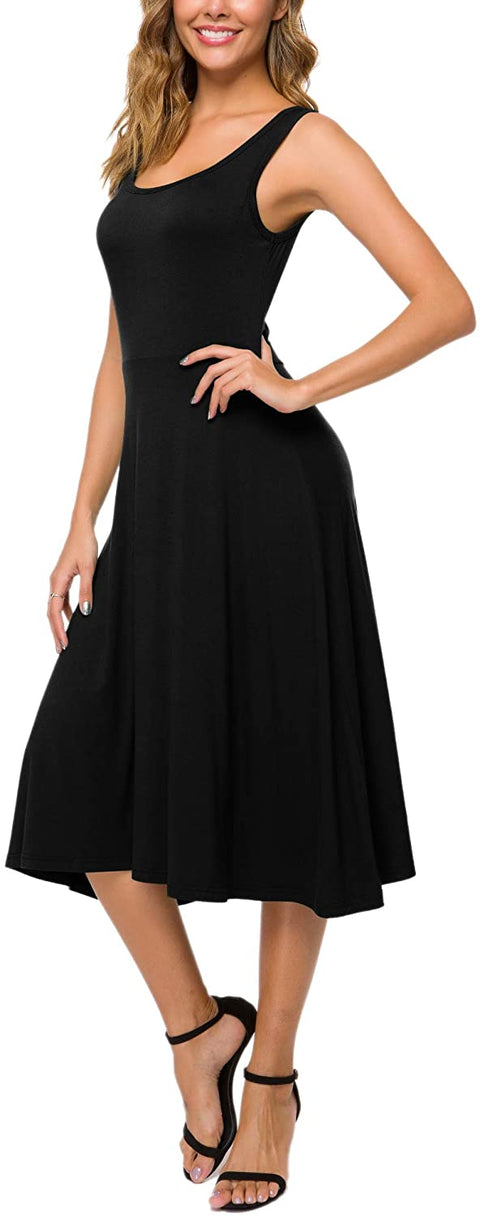 Women's U-Neck Sleeveless Flared Midi Dress Summer Swing T-Shirt Dresses
