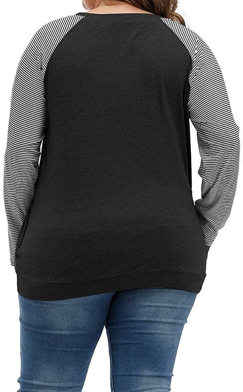 Plus Size Tops Women Casual Long Sleeve T Shirts Stripe Loose Blouses with Pocket