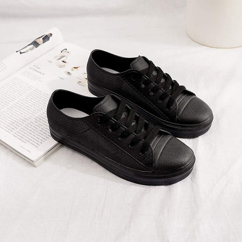 QZHIHE Women Rain Shoes Waterproof PU Sneaker Lace Up Rain Boots Canvas Shoes Csual
