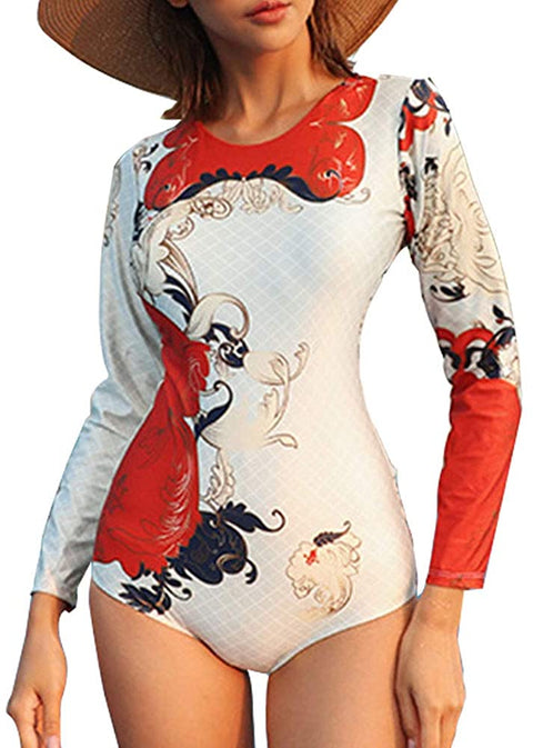 Women's Floral Patterned Crew Neck Long Sleeve One Piece Rashguard