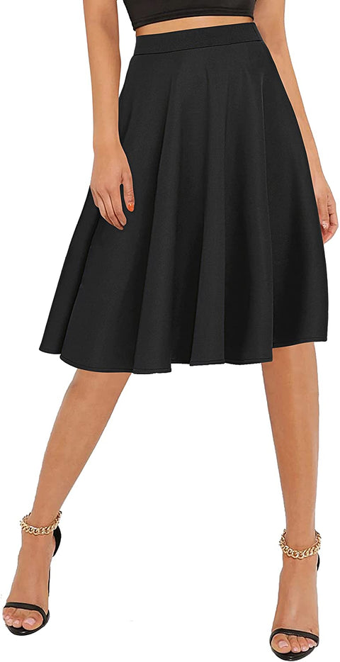 Women's Basic Elastic Waist A-line Solid Flared Midi Skirt