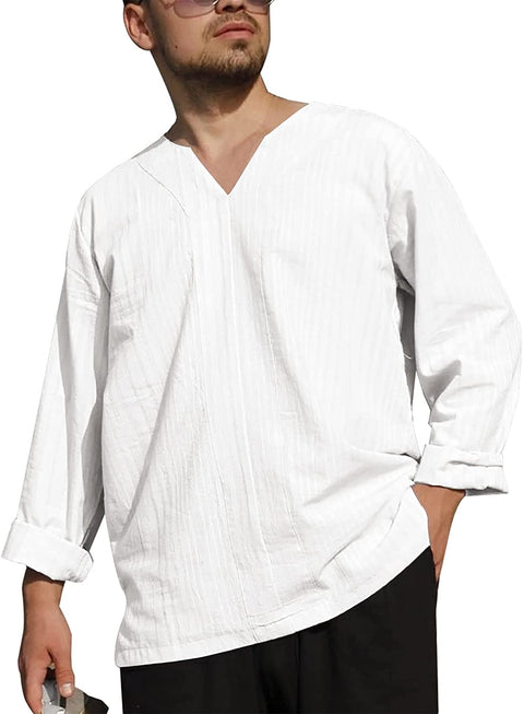 Mens V Neck T Shirts Cotton Linen Loose Fit Long Sleeve Solid Beach Yoga Tops Shirts