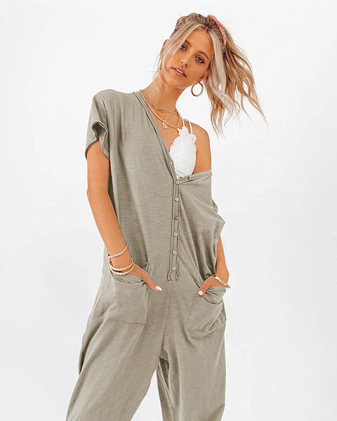 Plus Size Women's One Piece Button Up Jumpsuit Casual Loose Short Sleeve V Neck Onesies Rompers with Pockets