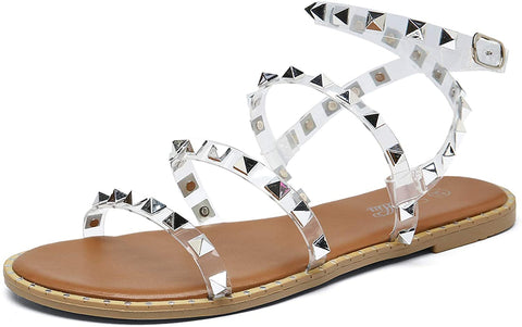 Katliu Women's Flat Sandals Strappy Studded Sandals Gladiator Sandals with Ankle Strap