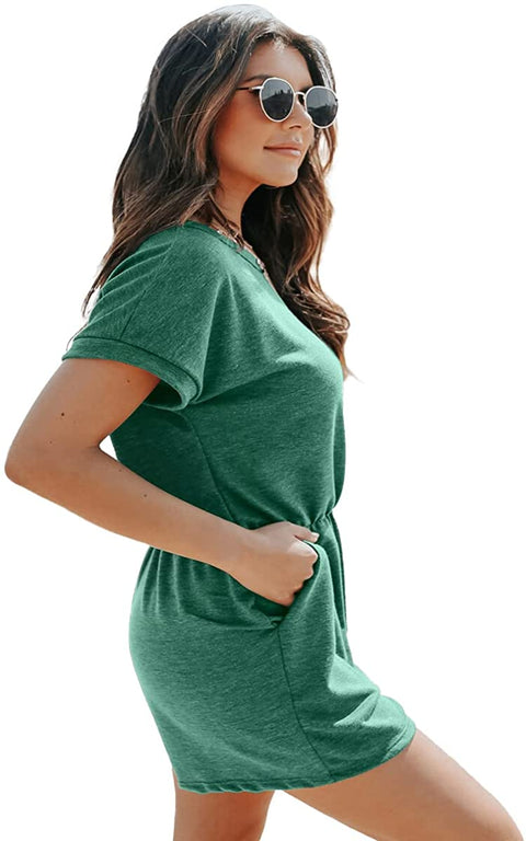 Dyexces Womens Jumpsuits Summer Loose Crew Neck Short Sleeve Elastic Waist Romper Playsuits with Pockets