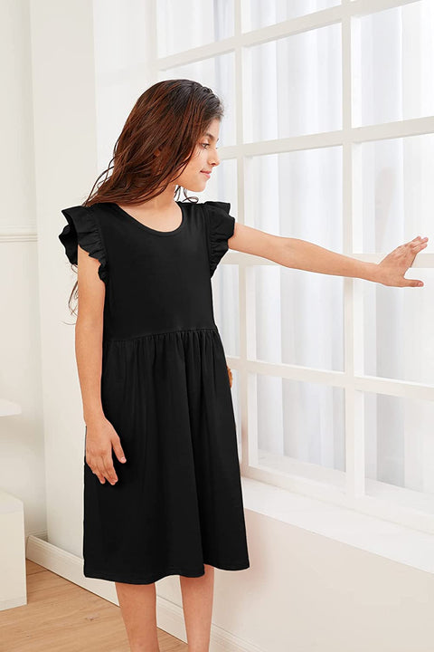 GAMISOTE Girls Flowy Dress Ruffle Cap Sleeve A Line Twirly Skater Summer Midi Dresses with Pocktes 7-14 Years