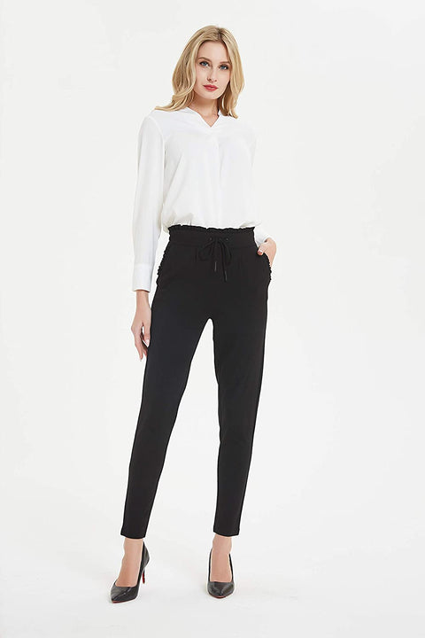 Womens Comfy Stretch Slim Skinny Ponte Pants with Ruffles Details