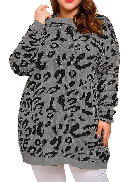 Women Plus Size Pullover Sweaters Long Sleeve Leopard Print Knitted Crew Neck Warm Sweater Tops