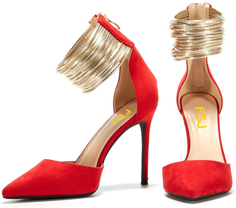 Women Chic Stiletto Heels D'Orsay Pumps Gold Ankle Strap Rings Closed Pointed Toe Heeled Sandals Back Zip Ladies Dress Shoes Size 4-15 US