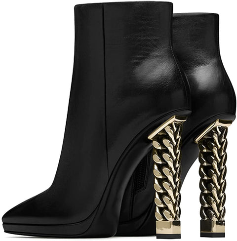 FSJ Women Fashion Gold Metal Chain Chunky High Heel Ankle Boots Pointed Toe Winter Booties Side Zipper Comfy Dress Short Boots 4-15 M US