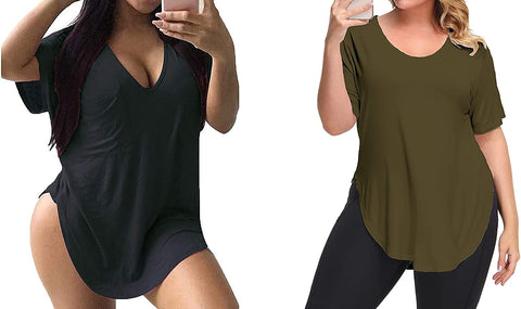Womens Casual Scoop Collar Plus Size T Shirts Black 4X & Side Split Tops Without Pockets Army Green 4X