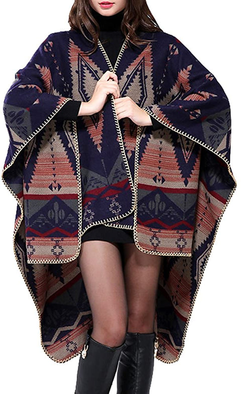 Women's Color Block Shawl Wrap Open Front Poncho Cape