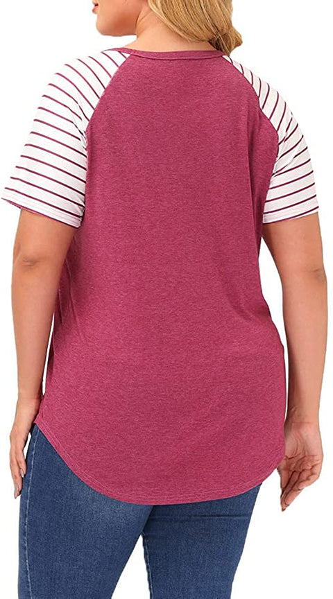 Plus Size Tops Women Stripe Short Sleeve Summer Casual Raglan T Shirts