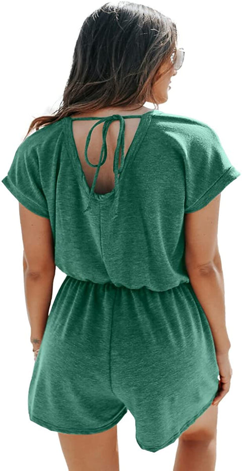 Dyexces Womens Jumpsuits Summer Loose Crew Neck Short Sleeve Elastic Waist Romper Playsuits with Pockets