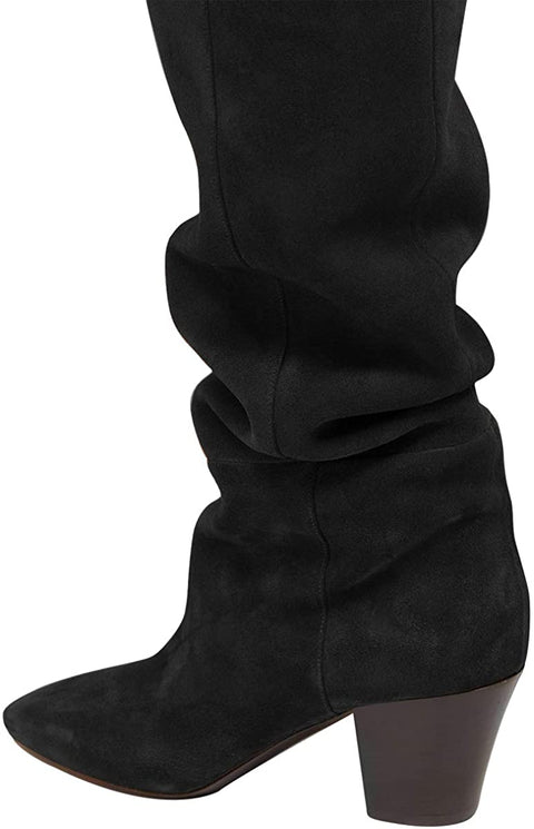 FSJ Women Over The Knee Boots Comfy Wrinkled Medium Chunky Heels Closed Point Toe Classic Pull On Business Shoes Size 4-15 M US