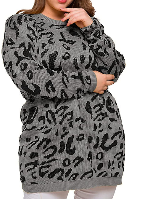 Women Plus Size Pullover Sweaters Long Sleeve Leopard Print Knitted Crew Neck Warm Sweater Tops