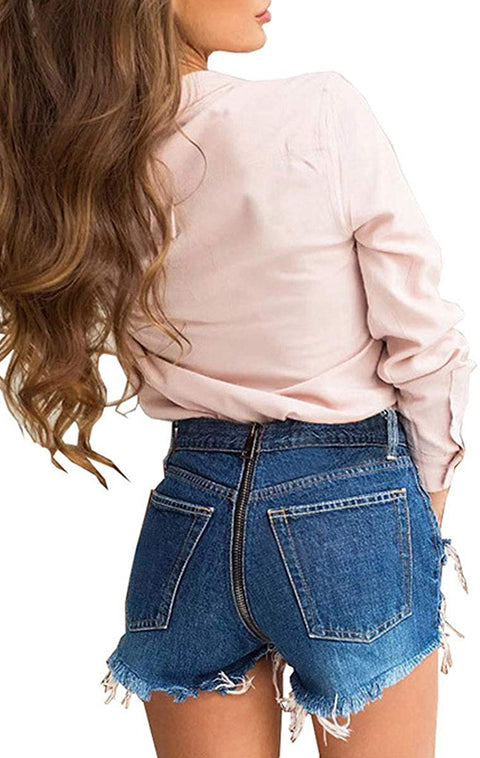 Women's Sexy Zip Back Skinny Summer Frayed Hem Casual Mid Waist Denim Shorts