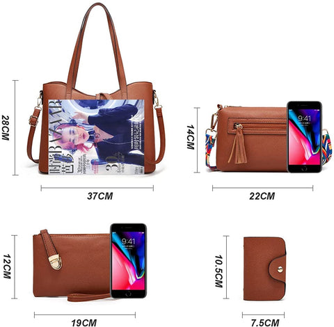 Women Fashion Synthetic Leather Handbags+Shoulder Bag+Purse+Card Holder 4pcs Set Tote