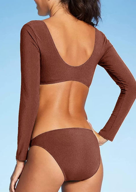 GAMISOTE Women Two Piece Swimsuits Long Sleeve Button Up Crop Top Bikini Bottoms Swimwear