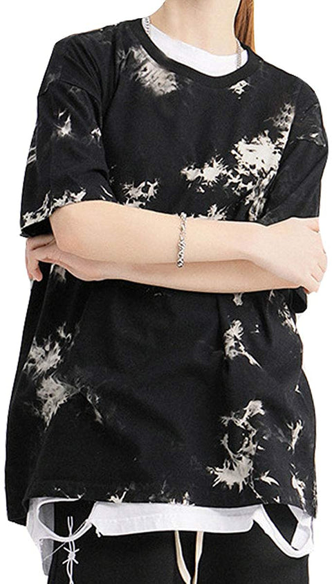 Women's Cool Summer Short Sleeve T-Shirt Fashion Black Tie Dye Top Blouse Shirts
