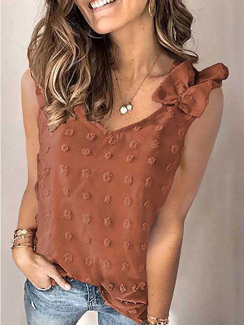 Women Chiffon Pleated Vest Top Solid Color Textured Ruffle Sleeveless Tank Tops