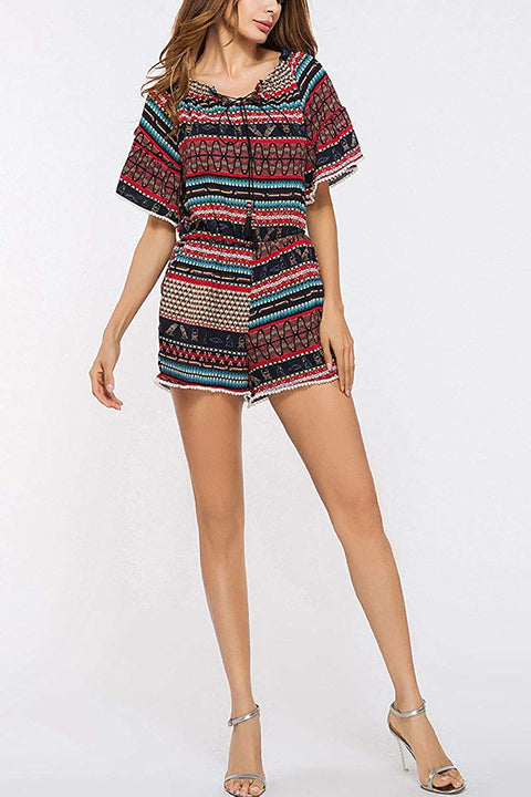 Women's Summer Casual Lotus Leaf Sleeve Printed Sweet One Piece Jumpsuit Shorts