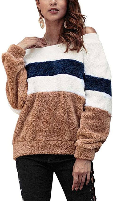Women's Loose Fit Sweatshirt Striped Long Sleeve Color Block Fuzzy Sweaters