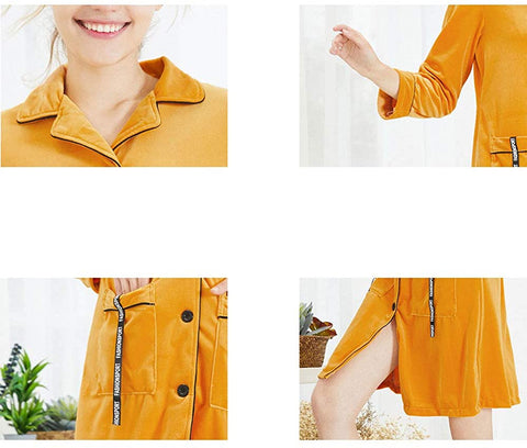 Women's Mid Length Button Down Nightdress Pocket Autumn Winter Nightgown