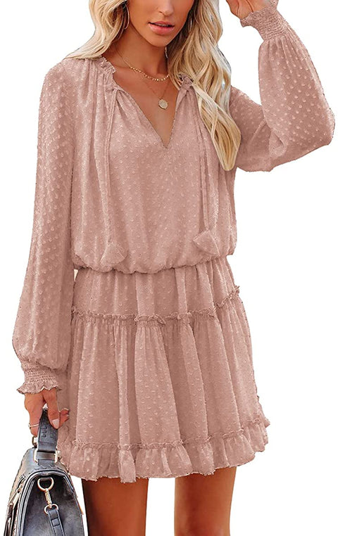 Womens Flowy Mini Swing Dress Casual Loose Long Sleeve V Neck Ruffle Tiered Swiss Dot Chiffon Short Dress