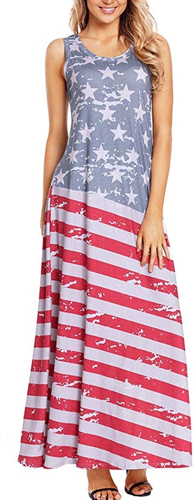 Women's American Flag Printed Round Neck Sleeveless Dress Long Casual Skirt