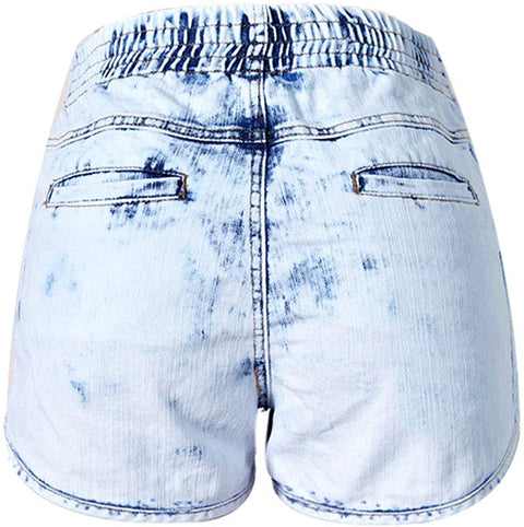Women's Casual Elastic Waistband Mid Waisted Solid Irregular Denim Shorts