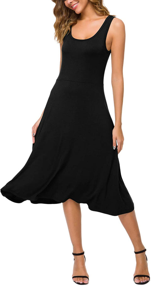 Women's U-Neck Sleeveless Flared Midi Dress Summer Swing T-Shirt Dresses