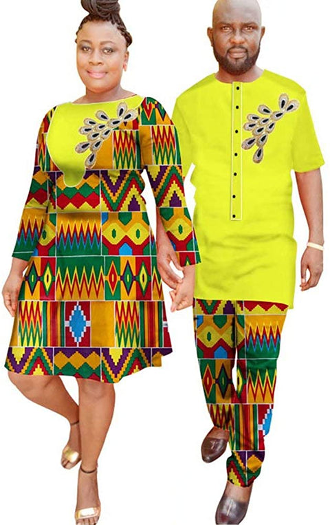 XIAOHUAGUA 2 Pieces Lovers Matching Long Sleeve Dresses with Headwrap for Womens Mens Pants Sets African Couple Wedding Clothes Yellow