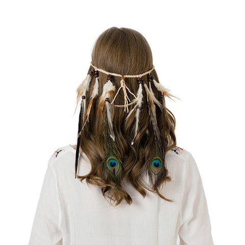 Peacock Feather Hippie Headband Accessories - AWAYTR Bohemia Tribal Indian Hippie Headpiece Braided Beads Headwear Festival Hair Decoration (beige-1)
