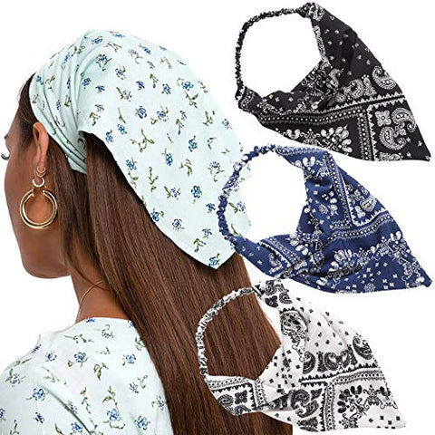 Floral Elastic Hair Scarf Headband - 3 PCS Chiffon Head Kerchief Headband Print Floral Hair Scarves with Hair Clips Kerchief Head Scarf Hair Bandanas for Women (White/Beige/Purple)