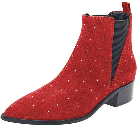 FSJ Women Pointed Toe Chelsea Ankle Booties Block Low Heels Studded Boots Comfortable Trendy Suede Daily Fall Shoes Size 4-15 US