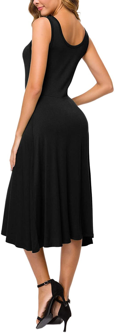Women's U-Neck Sleeveless Flared Midi Dress Summer Swing T-Shirt Dresses