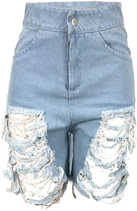 Women's Sexy Ripped Hole Summer Frayed Hem Casual High Waist Skinny Denim Shorts