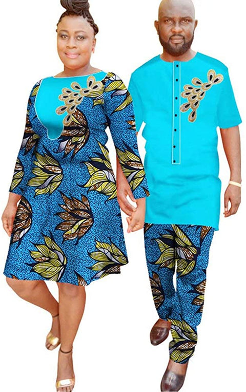 XIAOHUAGUA 2 Pieces Lovers Matching Long Sleeve Dresses with Headwrap for Womens Mens Pants Sets African Couple Wedding Clothes Blue