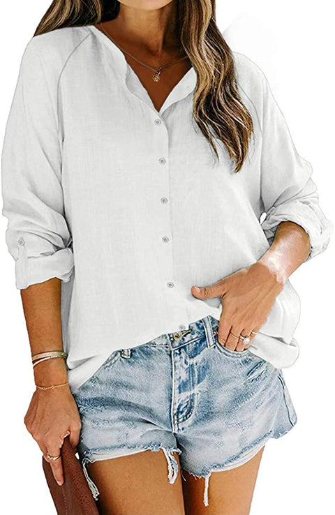 Womens Button Down Work Blouse Long Sleeve Cotton Linen Shirt Loose Casual Summer Tops