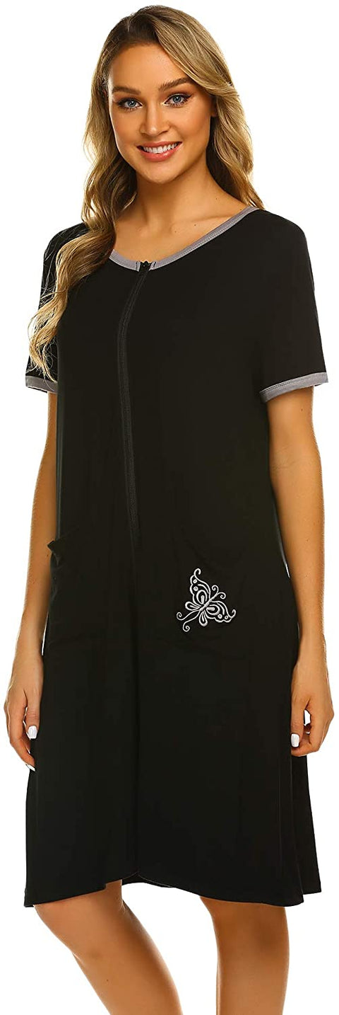 Women Zip-up Bathrobes Short Nightgown