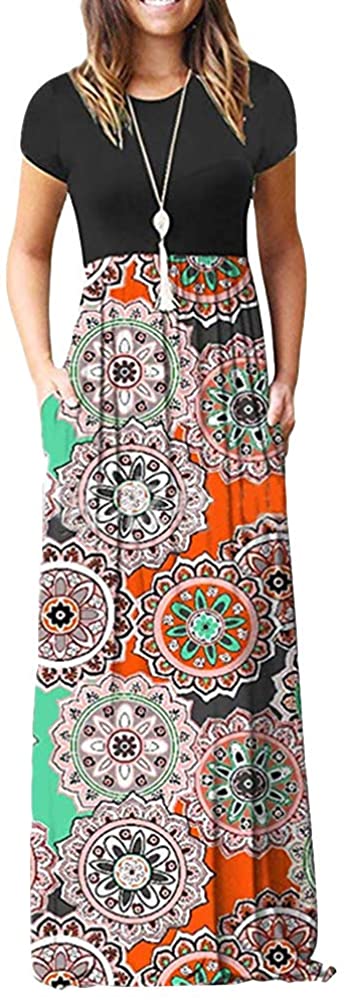 Women's Floral Print Autumn Maxi Short Sleeve Dress Sexy Long Casual Dresses