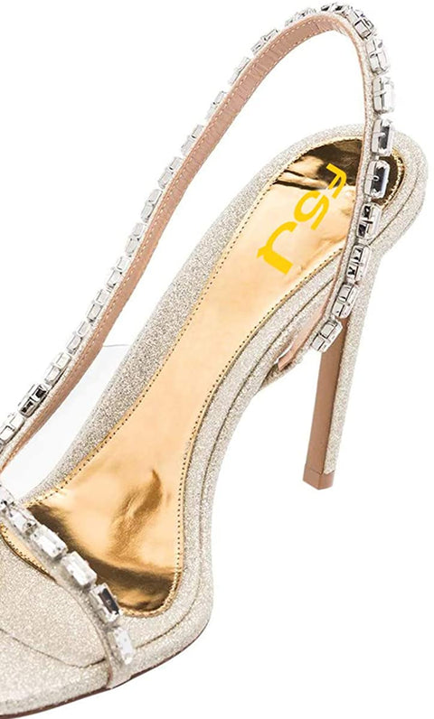 FSJ Women Sexy Open Square Toe Transparent Sandals High Stiletto Heel Rhinestones Strap Slingback Pumps Party Date Shoes