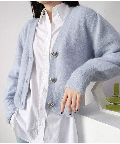 Women's Soft V Neck Knitted Cardigan Sweet Heart Button Down Closure Sweater