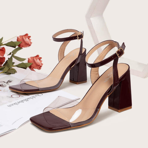 Putu Women's Clear Square Open Toe Heeled Sandals Ankle Strap Chunky Block High Heels Buckle Strappy Dressy Heeled Sandals