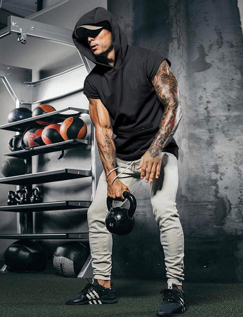 iWoo Mens Fashion Muscle T Shirts Hooded Workout Shirts with Pocket