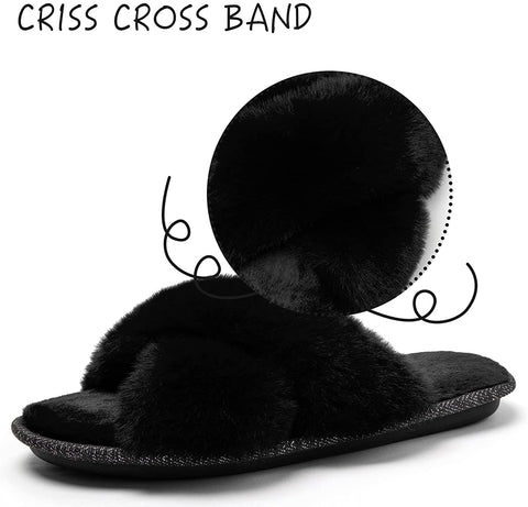 Women's Cross Band Furry Slippers Cozy Plush House Slippers Open Toe Soft Fuzzy Slippers Slip on Comfy Indoor Slippers
