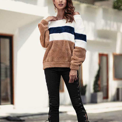 Women's Loose Fit Sweatshirt Striped Long Sleeve Color Block Fuzzy Sweaters