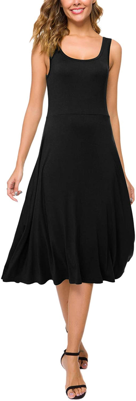 Women's U-Neck Sleeveless Flared Midi Dress Summer Swing T-Shirt Dresses
